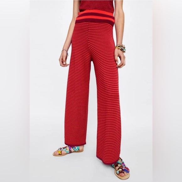 Zara Pants - Zara Knit High Waist Two Tone Stretchy Flared Leg Size Small‎ Red Purple Retro